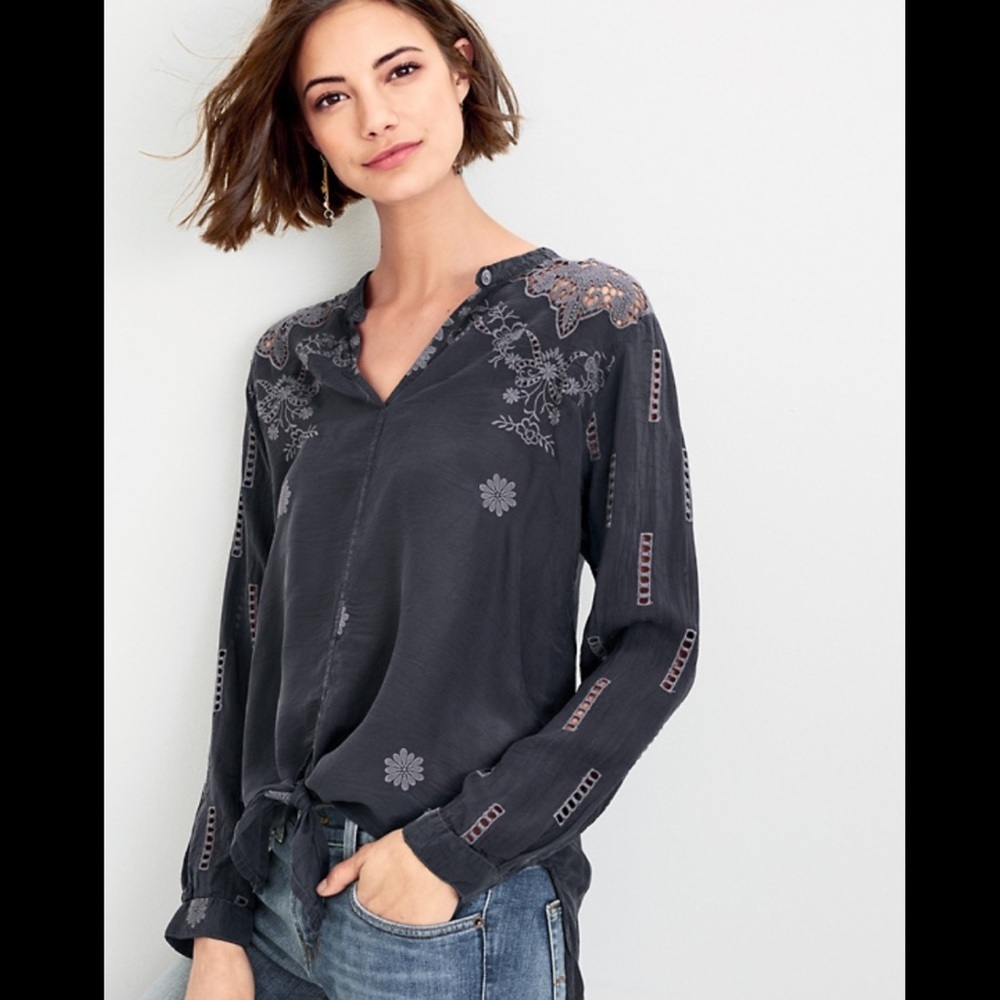 Johnny Was Heidine Sheer Lace-Inset Tie-Front Top In Black